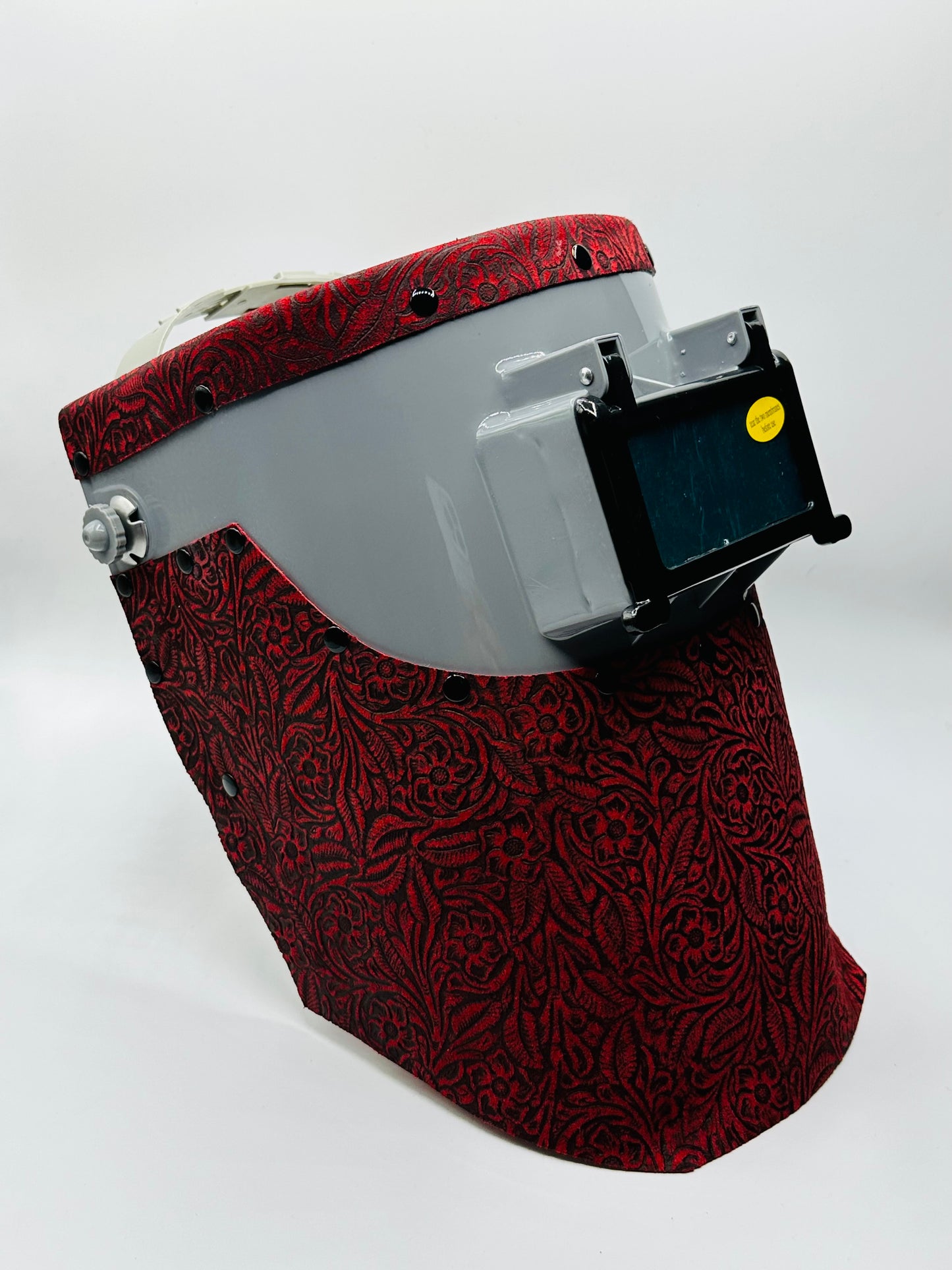 Apex Custom Grey Welding Hood with Red Floral Leather