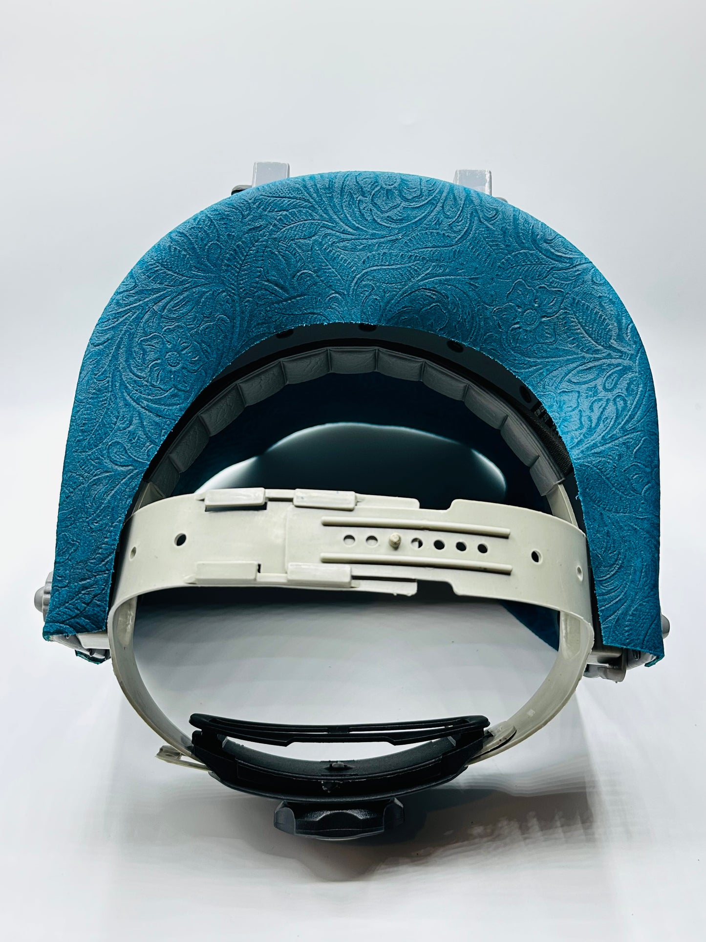 Apex Custom Grey Welding Hood with Teal Floral Leather