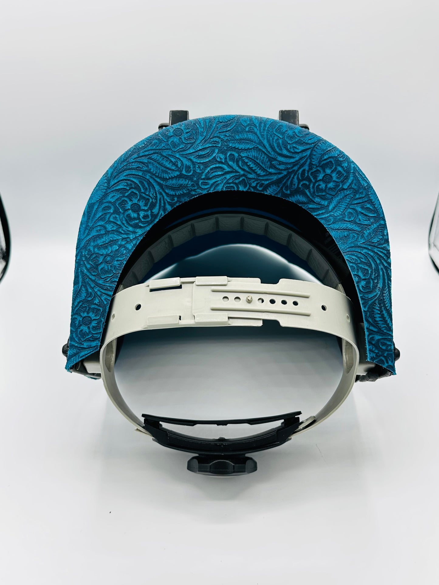 Apex Custom Black Welding Hood with Teal Floral Leather