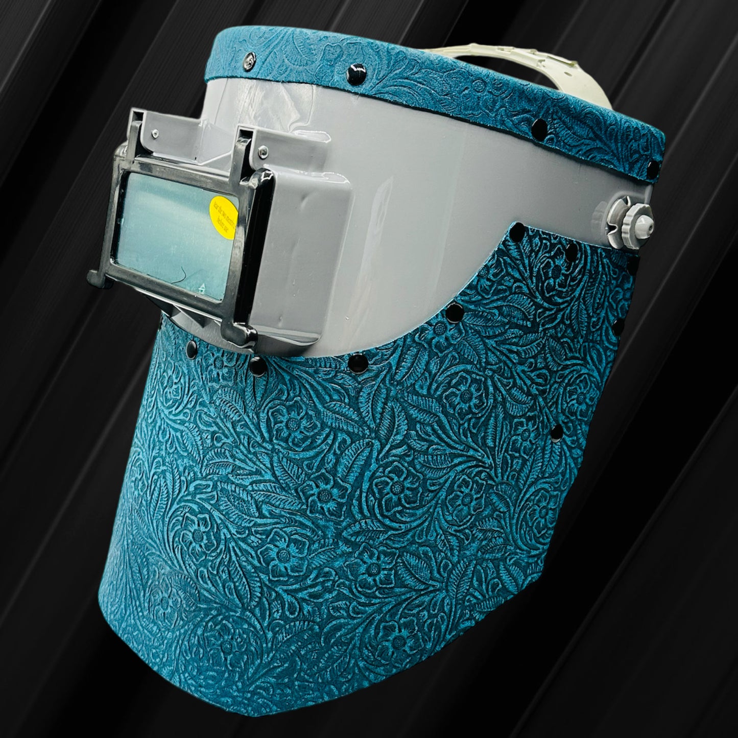 Apex Custom Grey Welding Hood with Teal Floral Leather