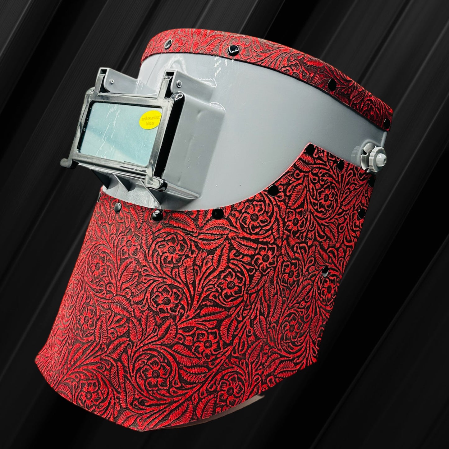 Apex Custom Grey Welding Hood with Red Floral Leather
