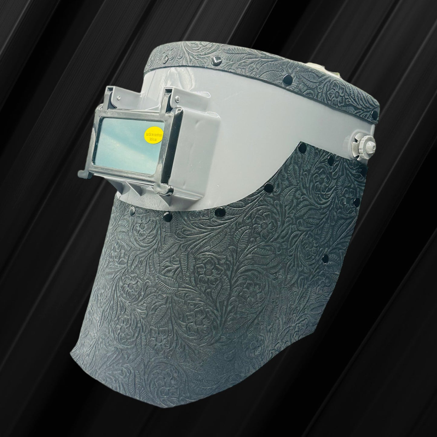 Apex Custom Grey Welding Hood with Black Floral Leather